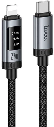 Data Cable with digital display USB C to Lightning Hoco PD 27W 1,2 m U148 juodas