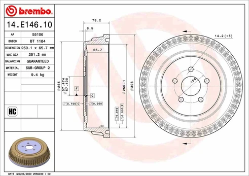Stabdžių būgnas BREMBO 14.E146.10