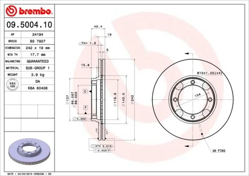 Stabdžių diskas BREMBO 09.5004.10