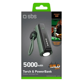 Power bank 5000 mAh torch, Type-C Cable, By SBS Black