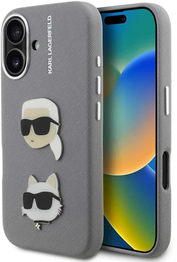 Dėklas Karl Lagerfeld Grained PU K&CH Heads Case for iPhone 16 Pilkas