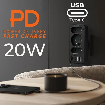 Gniazdko prądowe x3 + 4xUSB Maclean, rozgałęźnik su 3 gniazdami, 2xUSB A, 2xUSB C PD 20W, 1x16A + 2x6A, MCE248 F/B