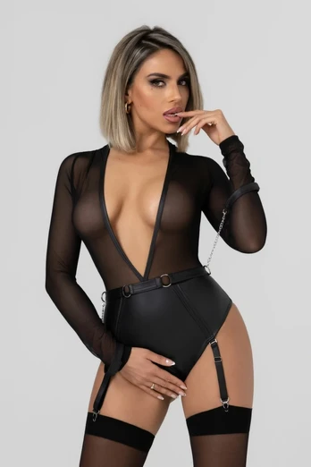 Christine All Night Long Bodysuit with Chains & Open Design, Black