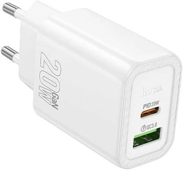 HOCO sieninis įkroviklis USB A + Type C PD QC3.0 3A 20W N61 baltas