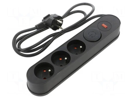 Plug socket strip: protective | Sockets: 3 | 230VAC | 10A | black | 1.5m