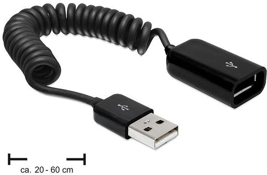 USB-A pratęsimo kabelis M/F 2.0 0.2-0.6M SPIRAL JUODA DELOCK