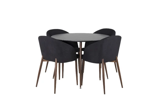Plaza Round Table 100 cm - Black Top - Walnut legs+Arch Dining Chair - Walnut Legs - Black Fabric_4