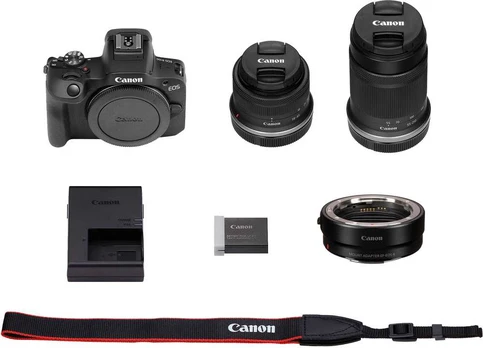 Canon EOS R100 + RF-S 18-45mm + RF-S 55-210mm + Mount Adapteris EF-EOS R