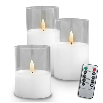 Decorational LED Candle set 3 pcs. baltas glass + remote