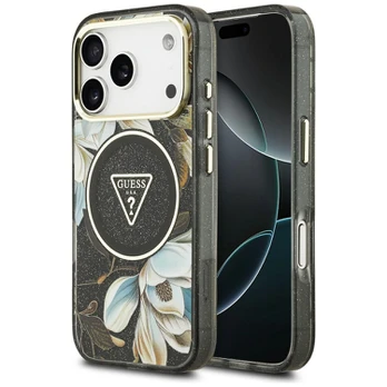 Case Guess IML Glitter Flowers Triangle MagSafe for iPhone 18 Pro Max / 17 Pro Max black