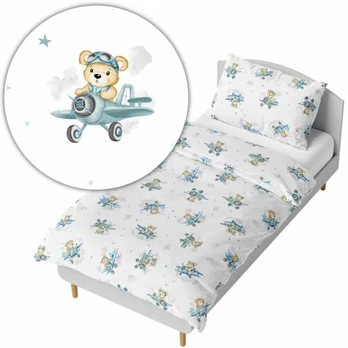 Bedding set - 5 parts - 120/90/360 - BEAR in PLANE - BLUE
