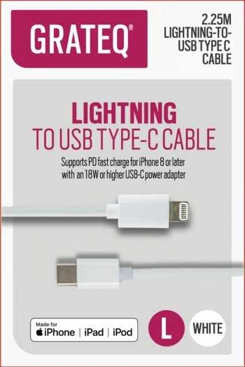 GRATEQ MFI LIGHTNING USB-C CABLE 2.25M PD