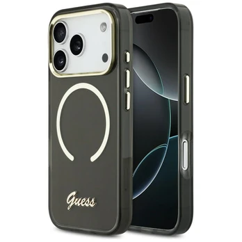 Guess IML Script metalinis „MagSafe“ dėklas, skirtas „iPhone 17 Pro“, juodas