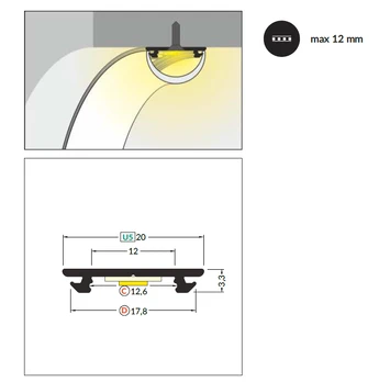 3m LED juostos profilis ARC12 CD/U5, lankstus, baltas