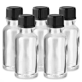 Stiklinis buteliukas 20 ml su juodu PP dangteliu, 5 vnt. rinkinys