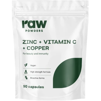 Cinkas + Vitaminas C + Varis RAW POWDERS, 90 kaps.