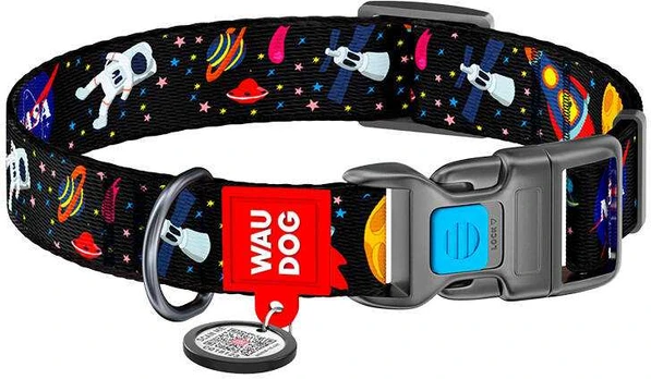 Nylon dog collar with QR code Waudog NASA dydis S