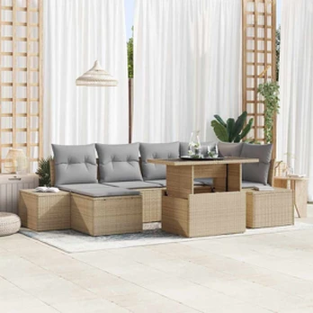 sodo sofas komplektas 7 dalių Smėlio, Pilka Ratanas, Poliesteris