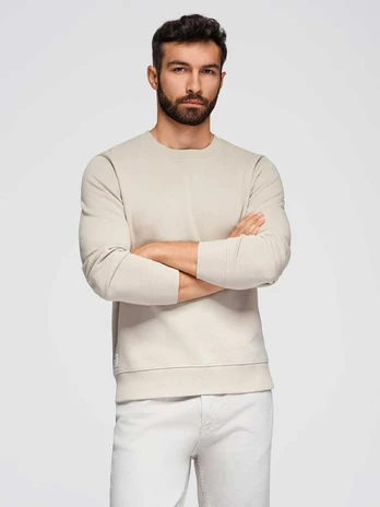 men's basic sweatshirt with round neckline - light beige v1 om-ssbn-0175