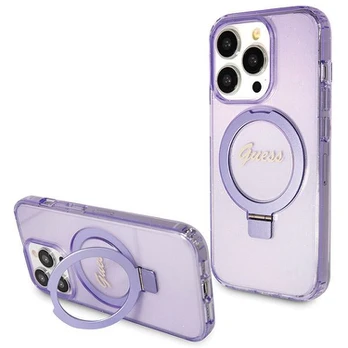 Dėklas Guess Ring Stand Script Glitter MagSafe case for iPhone 14 Pro Max - violetinė