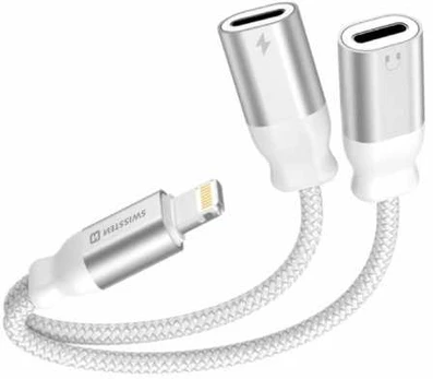 Swissten Textile Lightning Audio Charging Adapteris 2x Lightning 0.12m