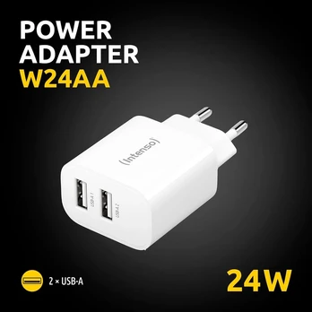 Intenso maitinimo adapteris W24aa Usb-a įkroviklis su 2 Usb-a prievadais, 24 W, baltas