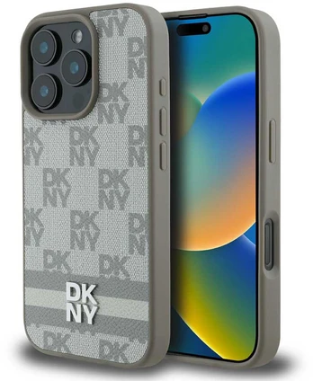DKNY PU Leather Checkered Pattern and Stripe Case for iPhone 16 Pro rusvai gelsvas