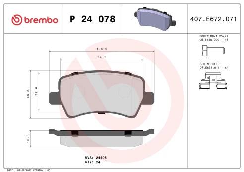 Stabdžių trinkelių rinkinys, diskinis stabdys BREMBO P24078