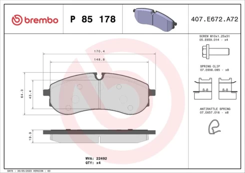 Stabdžių trinkelių rinkinys, diskinis stabdys BREMBO P 85 178