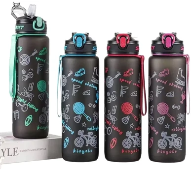 Sportinė plastikinė gertuvė, 1000 ml su dirželiu - Mėlyna