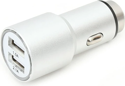 "Omega" automobilinis įkroviklis 2xUSB 2100mA, metalinis, sidabrinis (43344)