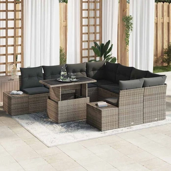 Sodo Sofa Komplektas 9 dalių Pilka, Ruda Ratanas, Poliesteris