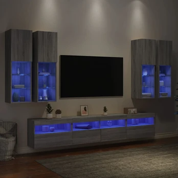 Sieninės TV spintelės su LED lemputėmis, 7vnt., pilkos ąžuolo