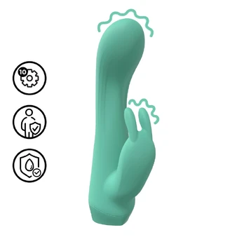 Dual Rabbit Mini Vibrator Green - Compact Silicone Massager, Rechargeable