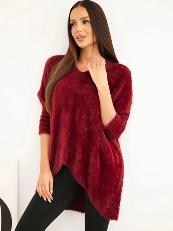Moteriškas Plus Size megztinis su V formos iškirpte, bordo spalvos
