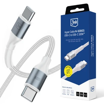 3MK Hyper Cable N-SERIES USB-C į USB-C 2m PD 3.0 QC 3.0 20V/5A 100W baltas