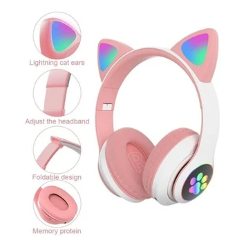 Bluetooth ausinės Cat ears LED, rožinės