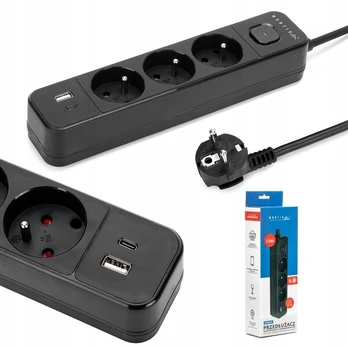 Prailginimo laidas su 3 lizdais, 2 Usb-a+c, 3m, juodas, 2300w