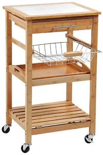 Kitchen trolley with removable tray and basket for vegetables, bamboo, kesper