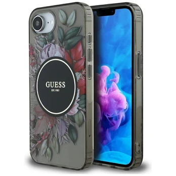 Dėklas Guess IML Flowers MagSafe do iPhone 16e juoda