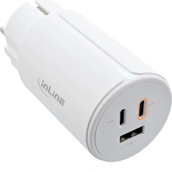 InLine® USB PD power supply, GaN charger, 3-port, Dual USB-C + USB-A, 65W, baltas