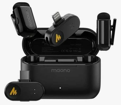 maono Wave T1 Mini (USB-C &amp; Lightning + Charge Case) Black (Juodi) Belaidžiai Mikrofonai
