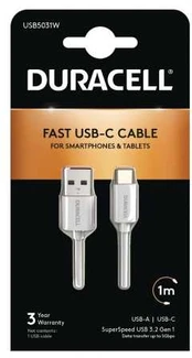 Usorteret Duracell USB-C lade- og datakabel, Hvid 1m