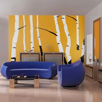 Artgeist Fototapetas - Birches on the oranžinis background