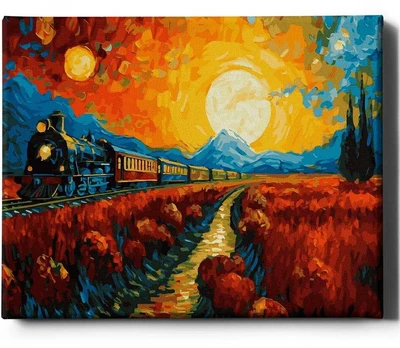 Traukinys saulėlydžio metu 40*50 cm