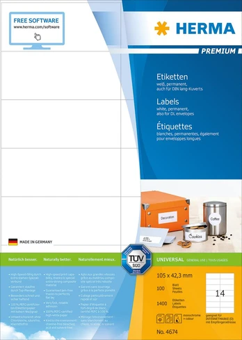 Herma Premium labels 105x42,3 100 Sh. DIN A4 1400 pcs 4674