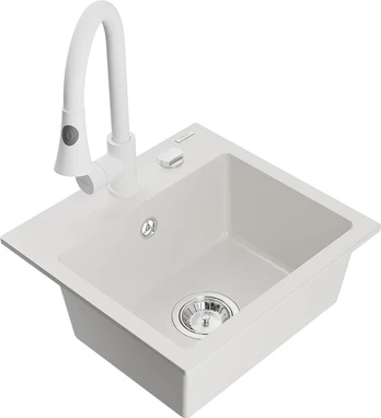 Granitinė virtuvinė plautuvė Mexen Milo su maišytuvu ir sifonu, White