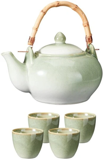 Excellent Houseware arbatinuko ir puodelių komplektas Matte Green Collection, 5 dalių