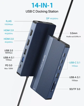 ACASIS USB C Docking Station 14-in-1, 100W PD, Dual 4K
