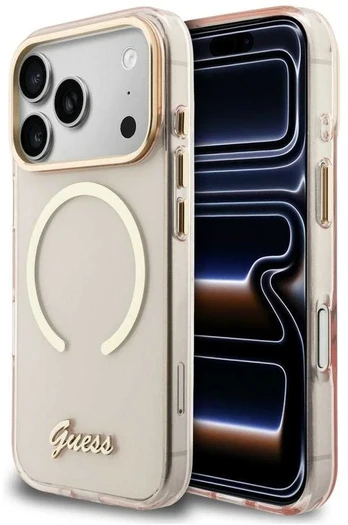 Guess IML Script metalinis „MagSafe“ dėklas, skirtas „iPhone 17 Pro“, rožinis